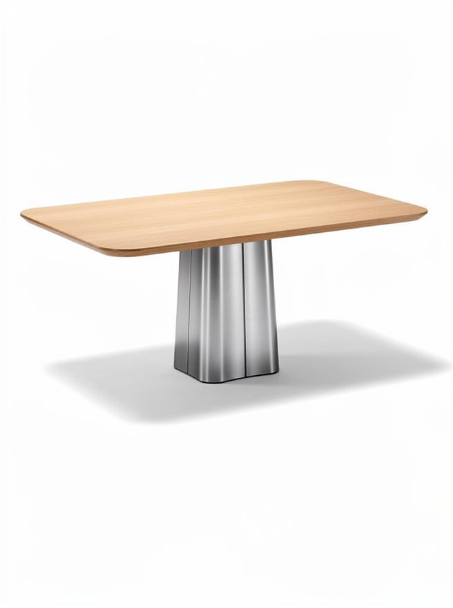 **Eettafel met houten blad en metalen basis**
