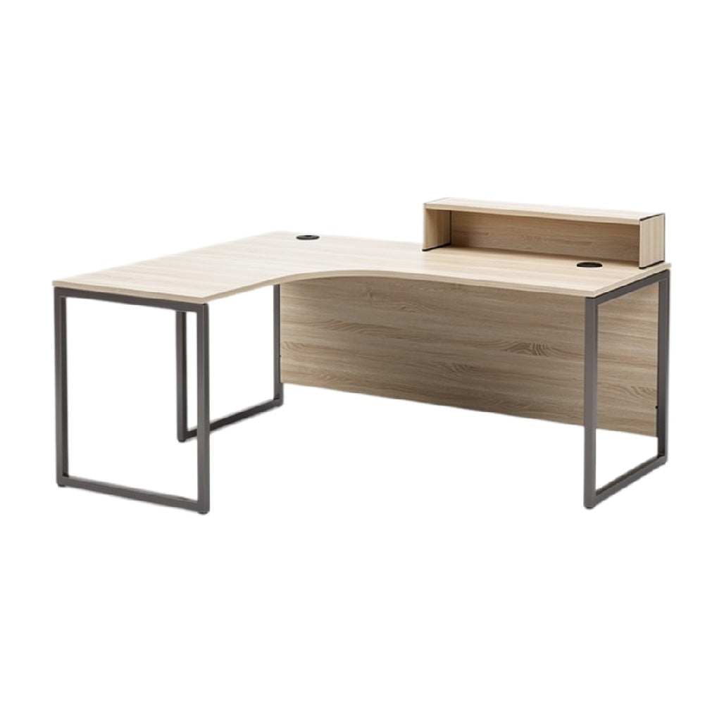 L-vormig bureau met houten afwerking en metalen frame