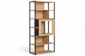 **Moderne open boekenkast met zwarte metalen frames en houtfineer planken**